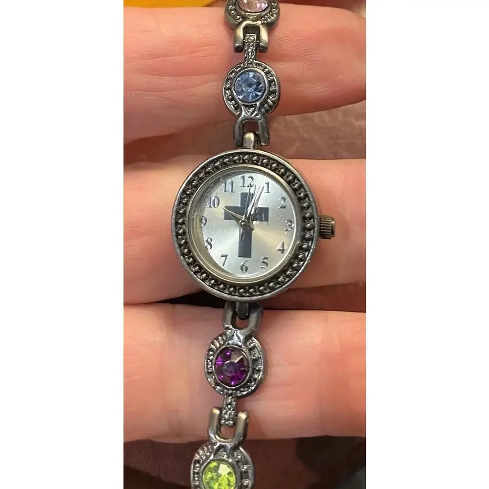 Women's Sliver Tone 22mm Watch, Cross on the Face, Crystal Accents